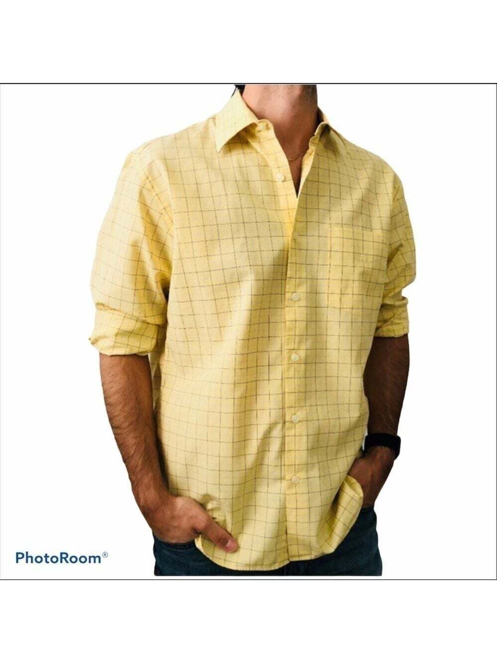 J Crew Men's Large 16-16.5 Yellow Plaid Long Sleeved Button Front Dress …